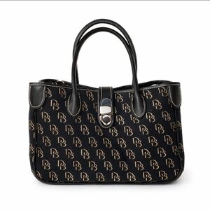 Dooney & Bourke Black Monogram Canvas Leather Tote Bag Satchel Purse DB Logo